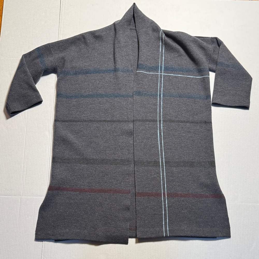 ARCHIVIOB Women's Gray Open Front‎ Cardigan Silkscreened Blue Stripes Wool Blend